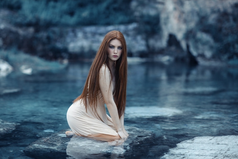 hair, looking at viewer, white, Valentina Galassi, long hair, blue, redhead, outdoors, contemplation, sleeveless, young adult, portrait, looking at camera