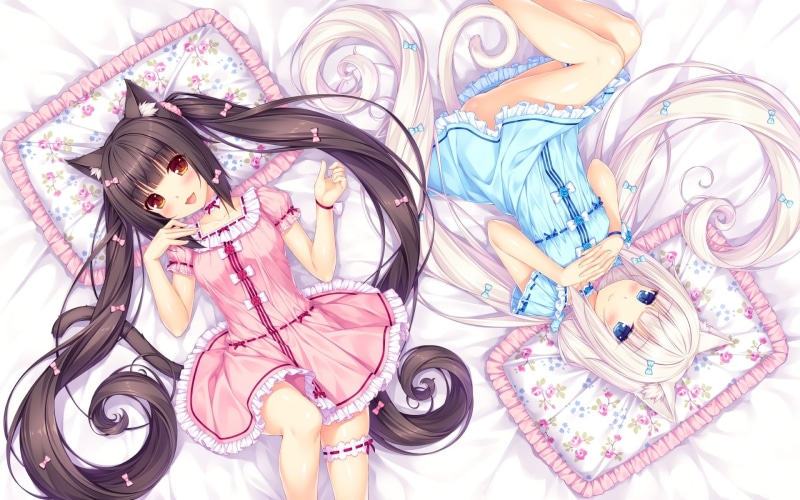 smile, brown, choker, 2girls, garter, catgirl, photoshop, sayori, long, eyes, 1080P, aqua, twintails, hair, bow, com, nekopara, 235677, konachan, orange