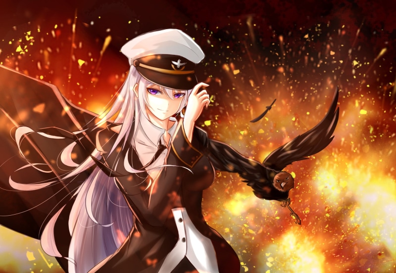 eyes, white, military, uniform, com, long, purple, azur, hair, bird, anthropomorphism, hat, fire, (artist), 1080P, animal, lane), tagme, konachan, enterprise