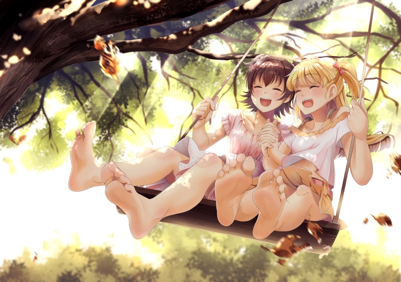 konachan, jougasaki, 2K, rika, short, 2girls, akagi, com, barefoot, casino, loli, brown, 261774, long, tree, hair, (artist), miria, blush, idolmaster