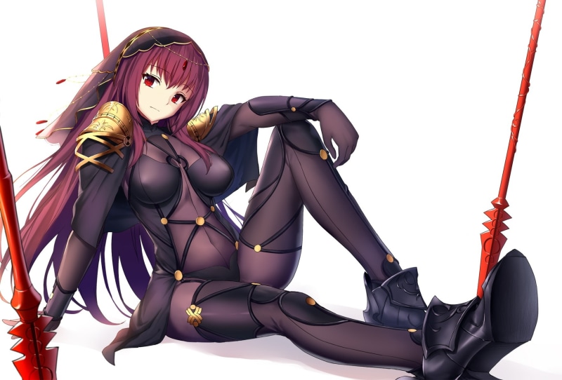 headdress, white, skintight, red, long, grand, scathach, 251448, (fate, com, purple, hair, bodysuit, drogoth, weapon, 720P, spear, konachan, order), fate