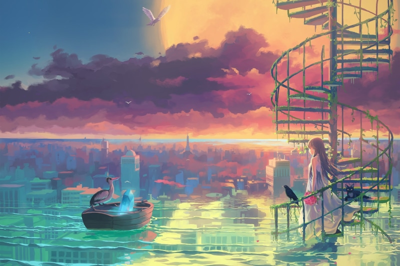 original, com, boat, scenic, 252282, dress, konachan, rose, green, hair, sky, brown, city, bird, vofan, animal, clouds, eyes, building, cat, stairs, water