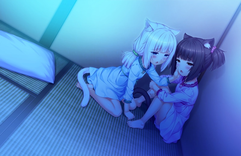 real people, sayori, 2girls, catgirl, neko, purple, barefoot, short, game, two people, child, hair, works, bonding, hairstyle, girls, loli, blush, women