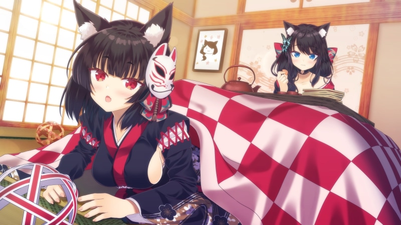 animal, 257563, anthropomorphism, aqua, konachan, black, red, fusou, lane, mask, kisshii, (kic1224), 2girls, (azur, blush, com, hair, eyes, catgirl, ears
