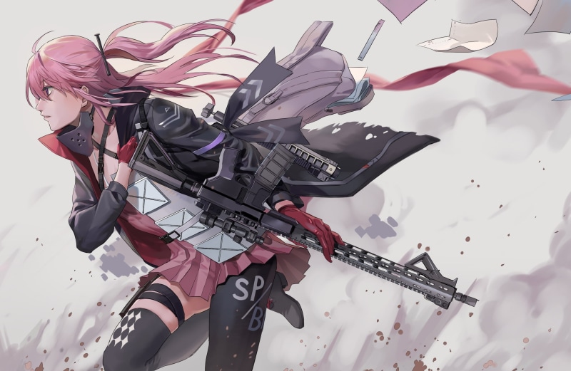 pink hair, Girls Frontline, 1080P, AR15 (Girls Frontline), pink eyes, assault rifle, girls with guns, thighhighs