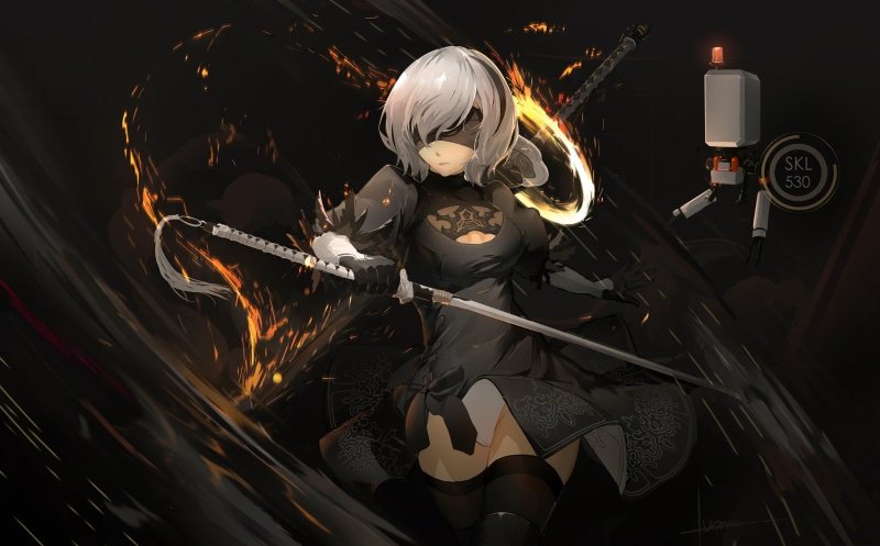 thighhighs, aliasing, sword, fire, nier-, signed, gloves, headband, short, blindfold, weapon, dark, 2K, konachan, automata, robot, bodysuit, com, luomo