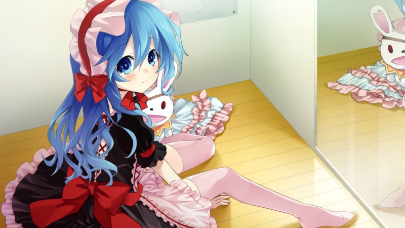 live, long, dress, hair, thighhighs, bow, date, eyes, blush, headdress, blue, tsunako, 720P, yoshino, game
