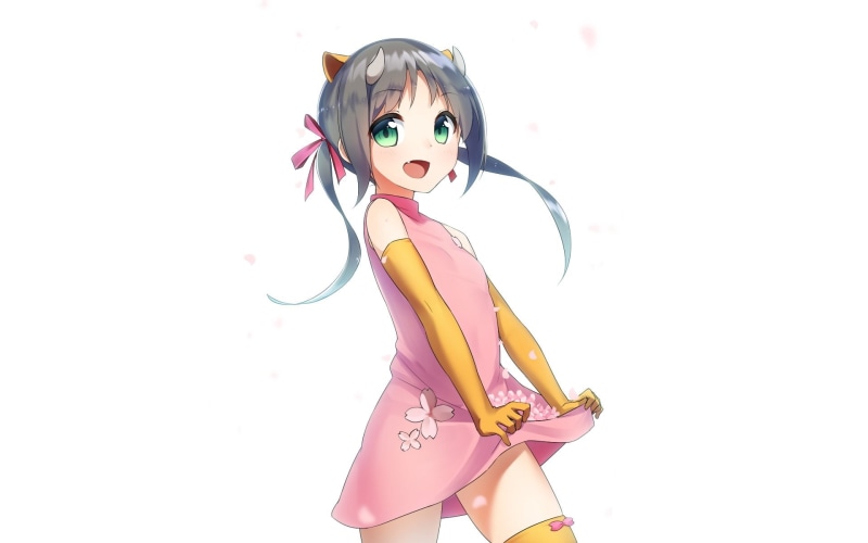 dress, green, animal, gray, etotama, hair, gloves, white, fang, twintails, elbow, thighhighs, horns, ninnzinn, lift, eyes, loli, long, uri-tan, 1080P