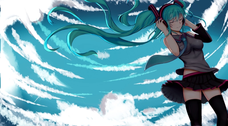 Hatsune Miku, 2K, long hair, sky, headphones, Vocaloid, miniskirt, thighhighs, aqua hair