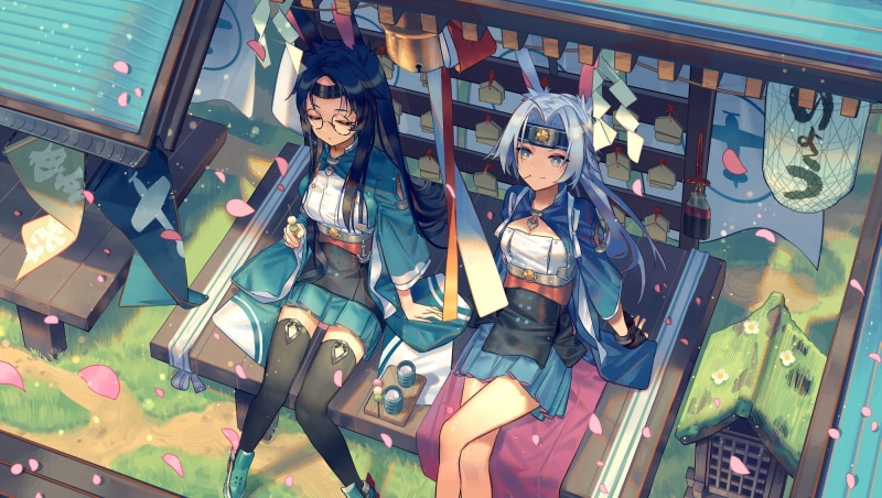 243864, lane, blue, 1080P, hiryuu, watermark, zicai, petals, tang, lane), skirt, glasses, animal, food, gloves, thighhighs, 2girls, shrine, konachan, drink