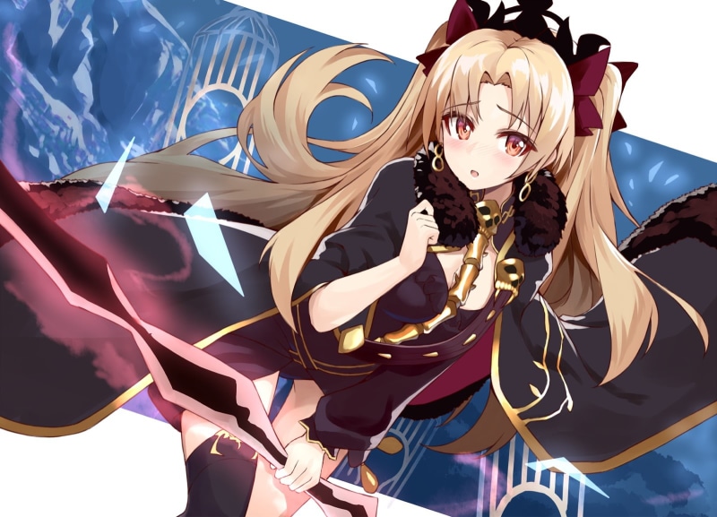 blush, blonde, 257873, eyes, weapon, thighhighs, com, shunichi, fate, (series), konachan, ereshkigal, hair, dress, order, bow, long, 720P, headdress, cage