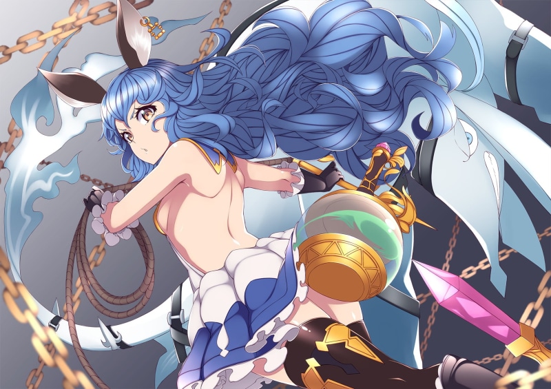 720P, thighhighs, gloves, weapon, blue hair, animal ears, yellow eyes, long hair, Ferry (Granblue Fantasy), sideboob