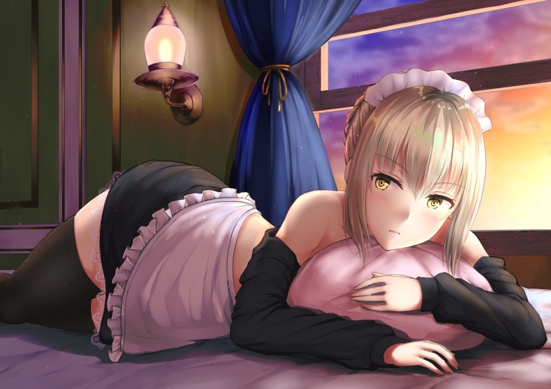 short, apron, (artist), alter, blonde, aliasing, grand, hair, order, com, dress, 252305, maid, thighhighs, tagme, yellow, headdress, saber, (series), fate