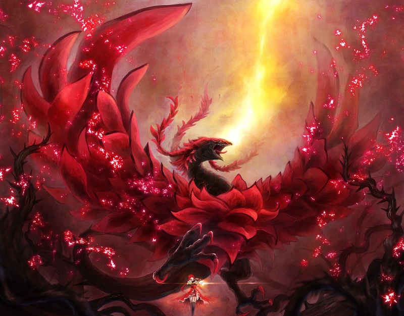 magic, ken003, dragon, izayoi, rose, dress, van, 1080P, black, hair, yu-gi-oh, red, thighhighs, aki