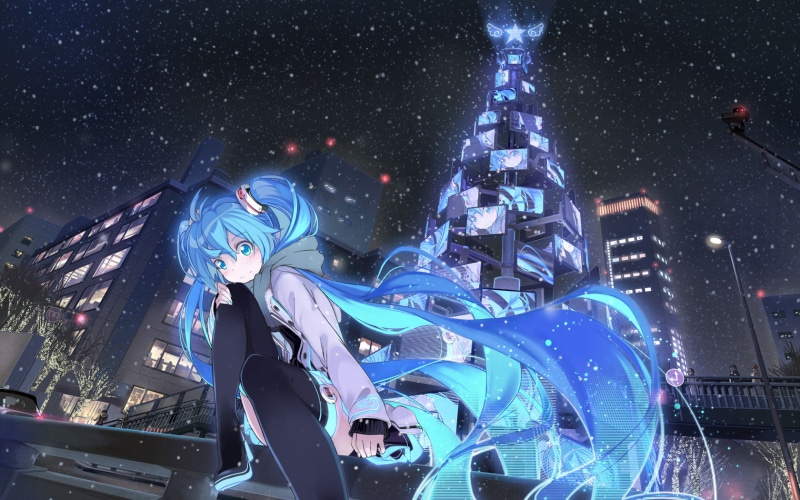long, hair, night, twintails, beek, vocaloid, eyes, miku, 720P, snow, aqua, building, city, stars, sky, hatsune, thighhighs