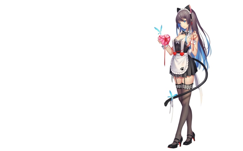 long, 1080P, headdress, com, aqua, black, maid, eyes, garter, konachan, ribbons, thighhighs, hair, 248217, apron, ears, animal, butterfly, catgirl, bow