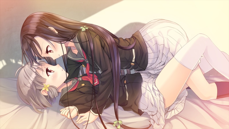yuri, eyes, blonde, bow, thighhighs, game, flowers, 254490, 2K, com, akatsuki, seifuku, 2girls, konachan, braids, long, brown, skirt, bed, hair, short