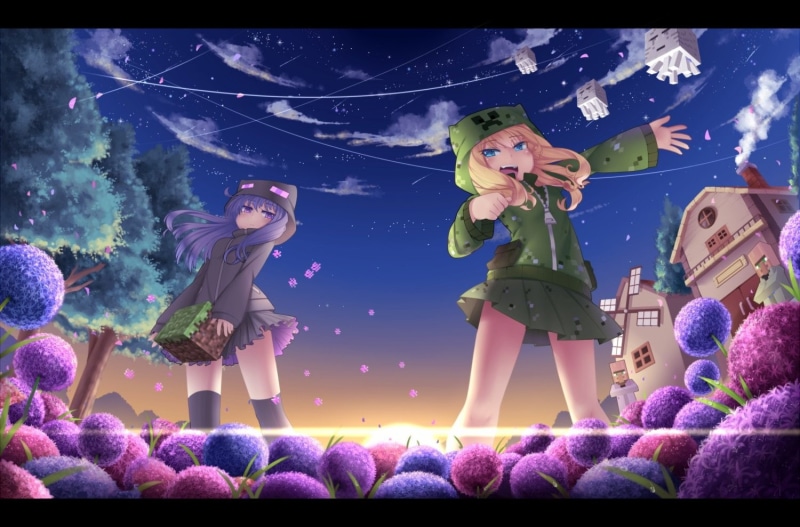 enderman, skirt, petals, girls, creeper, stars, flowers, long, clouds, nongqiling, windmill, hair, minecraft, thighhighs, tree, eyes, 720P, sky, purple