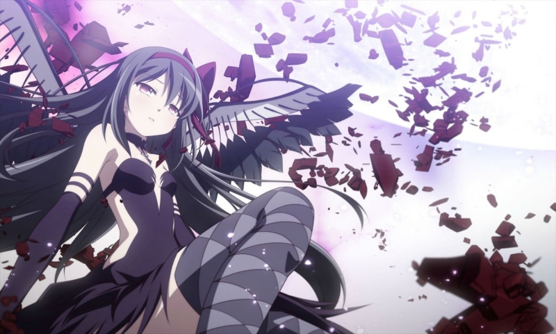 wings, long, 720P, shoujo, hair, dress, black, headband, thighhighs, madoka, akemi, feathers, mahou, bell, izumi, homura, magica