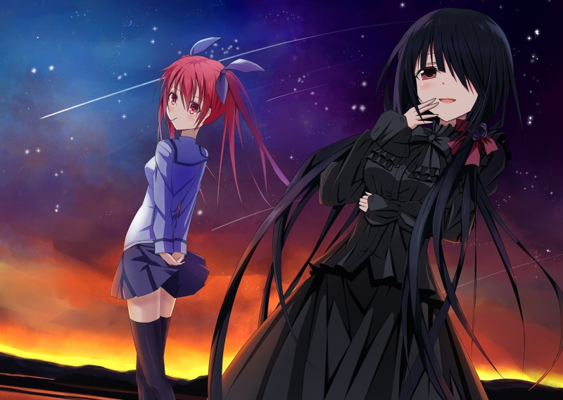 skirt, dress, stars, long, tokisaki, kurumi, itsuka, 1080P, sky, hair, kotori, thighhighs, date, black, live, eyes, red