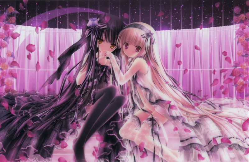 nopan, lolita, original, 1080P, fashion, thighhighs, blonde, stockings, flowers, open, girls, long, goth loli, hair, rose, black, shirt, dress, tinkle