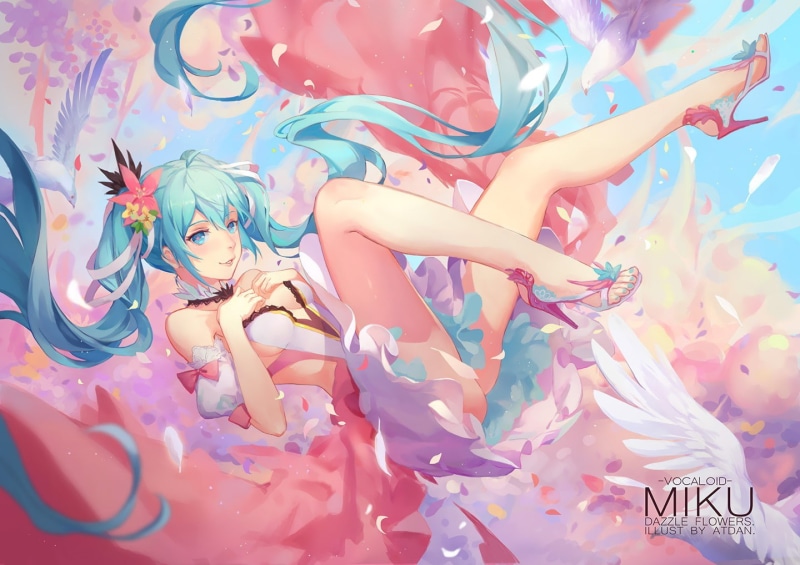 dress, Hatsune Miku, twintails, flowers, long hair, Vocaloid, 720P