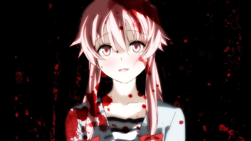 portrait, front view, anime girls, mirai, yuno, representation, red, fear, spooky, digital composite, mask, festival, indoors, Gasai Yuno, one person, disguise