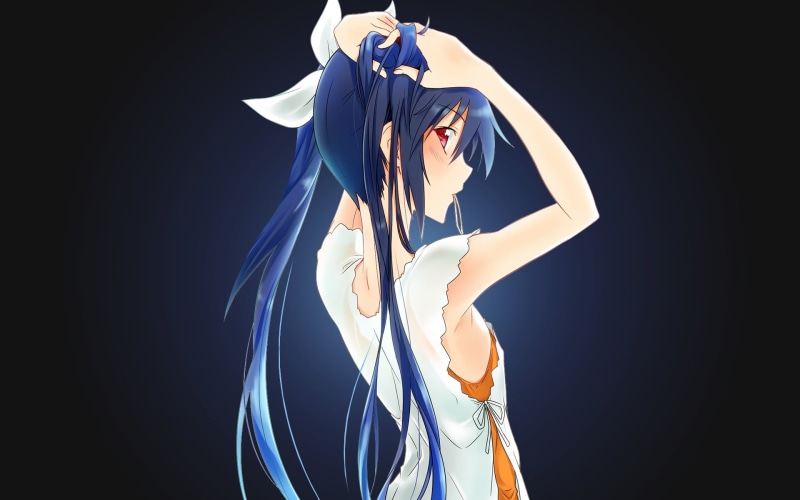 three quarter length, 1080P, dancing, red eyes, fashion, blue hair, adult, beautiful woman, one person, anime girls, black background, young adult, standing