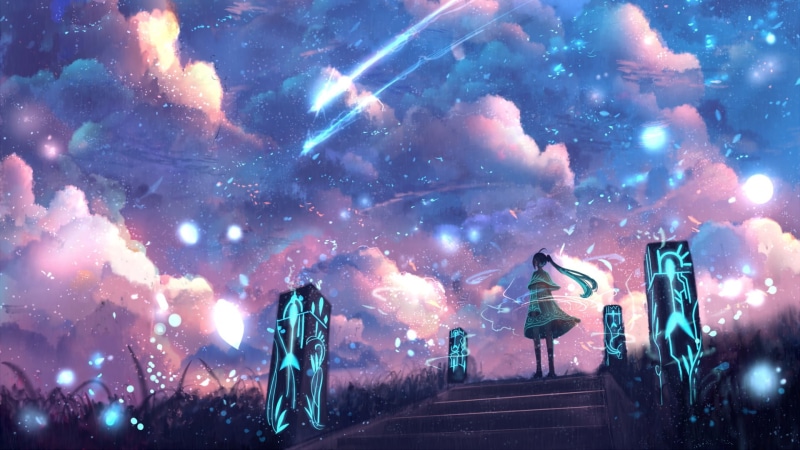1080P, anime, space, building exterior, architecture, built structure, transportation, no people, outdoors, road, snowing, Vocaloid, illuminated, cloud - sky