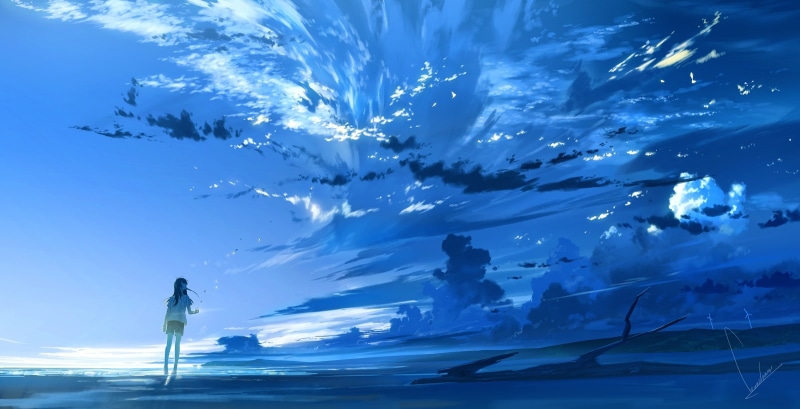 polychromatic, original, hair, 1080P, 247630, blue, signed, black, clouds, long, sky, loundraw, scenic, shorts, com, konachan