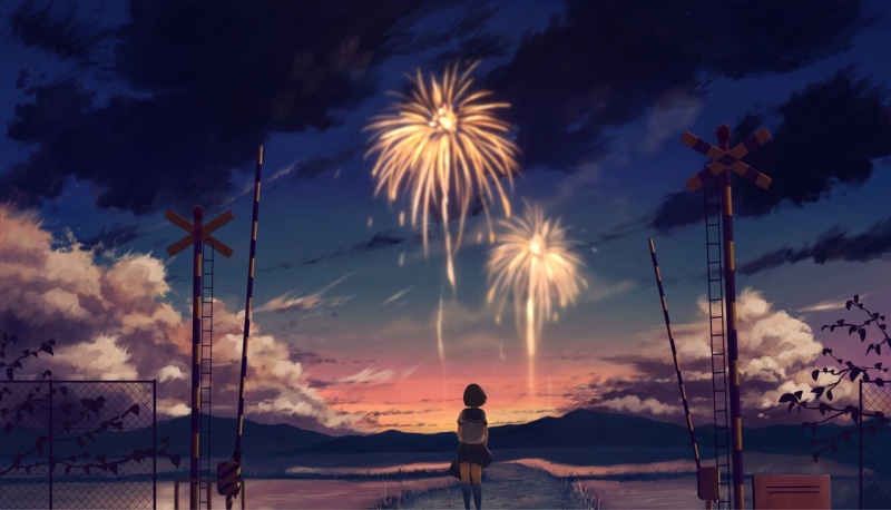 Sunset, Fireworks, Short Hair, Original, Brown Hair, 1080P, Anime