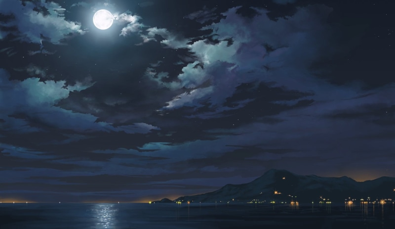 beauty in nature, Original, Moon, outdoors, Anime, Ocean, nature, scenics - nature, full moon, Cloud, Sky, night, 720P, water, cloud - sky, waterfront