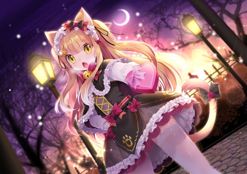 hair, goth-loli, bow, sky, clouds, night, winter, com, tree, long, headdress, original, stars, stockings, konachan, fang, blush, moon, 260565, valentine