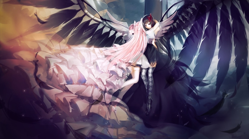 bow, long hair, Kaname Madoka, anime girls, Mahou Shoujo Madoka Magica, zettai ryouiki, pink hair, Akemi Homura, anime, gloves, wings, dress, 1080P, Akuma
