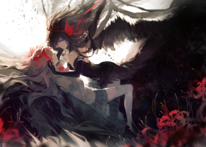 water, day, 720P, multi colored, indoors, feather, art and craft, Kaname Madoka, black color, representation, anime, wings, no people, close-up, pattern