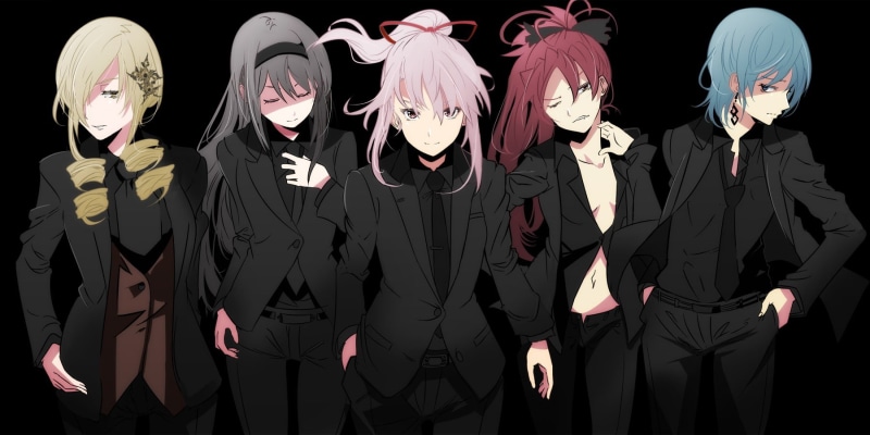 suit, women, people, disguise, real people, front view, men, mask, Mahou Shoujo Madoka Magica, black color, mask - disguise, Kaname Madoka, Sakura Kyouko