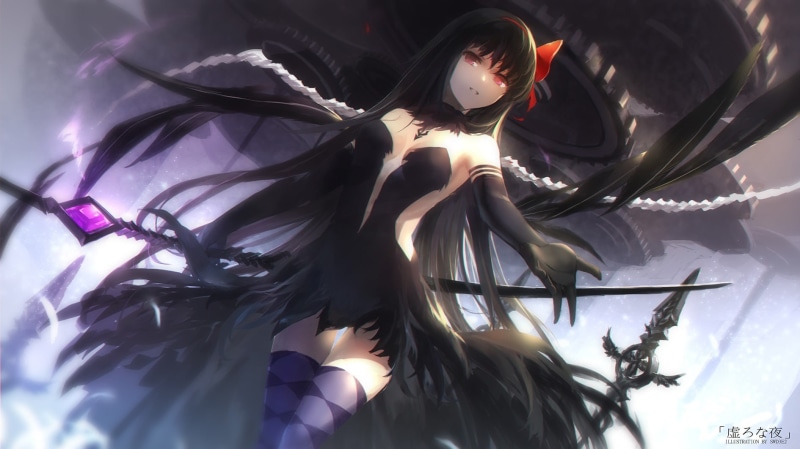 720P, black, real people, human representation, feathers, Mahou Shoujo Madoka Magica, celebration, hairstyle, day, front view, haired, thigh-highs, hair