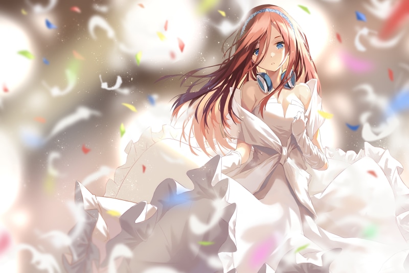 tears, elbow gloves, blue eyes, wedding dress, 4K, white dress, headband, long hair, Miku, gloves, redhead, dress, headphones, cleavage, feathers, Nakano