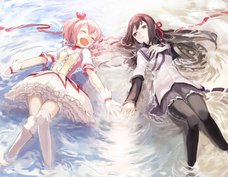 adult, anime girls, celebration, winter, Kaname Madoka, water, ribbon, Akemi Homura, skirt, waist up, nature, holiday - event, young women, 720P, people