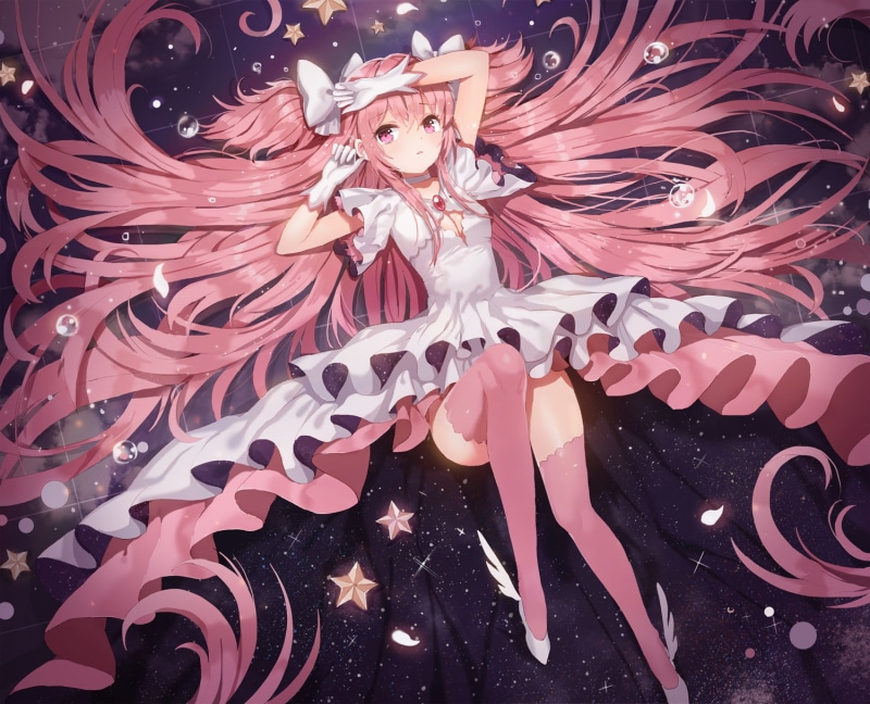 night, 720P, costume, high angle view, thigh-highs, pattern, Mahou Shoujo Madoka Magica, Kaname Madoka, human representation, pink color, festival, celebration