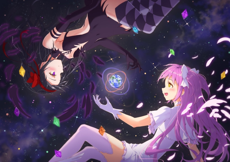Mahou Shoujo Madoka Magica, dark background, black dress, Kaname Madoka, Akuma Homura, Akemi Homura, white dress, anime girls, fan art, 720P, pink hair