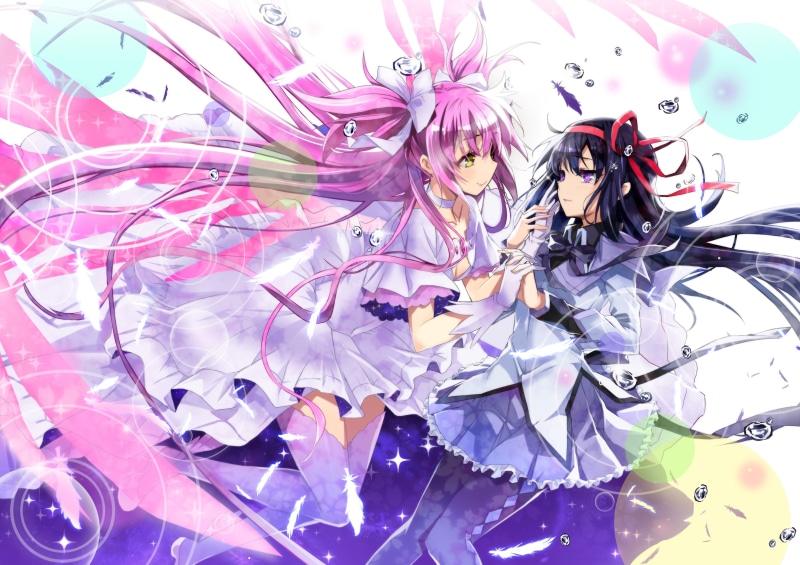 anime girls, tangled, 4K, anime, backgrounds, vulnerability, day, flower, Mahou Shoujo Madoka Magica, full frame, fragility, indoors, multi colored, purple