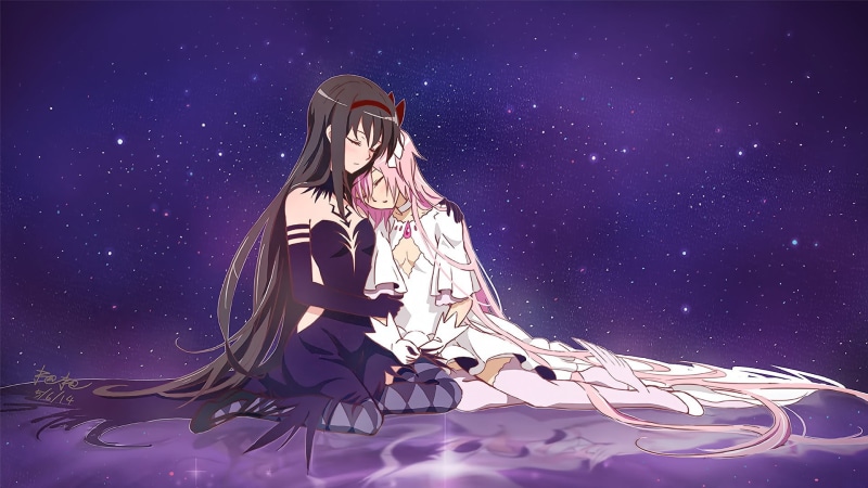 purple, clothing, one person, spirituality, Mahou Shoujo Madoka Magica, scenics - nature, star - space, galaxy, anime girls, digital composite, religion