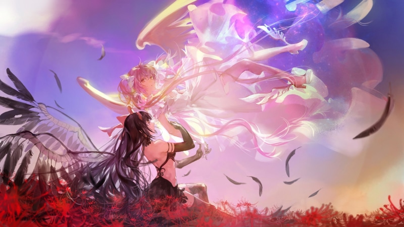 Kaname Madoka, Mahou Shoujo Madoka Magica, anime girls, 1080P, feathers, Akemi Homura, red flowers