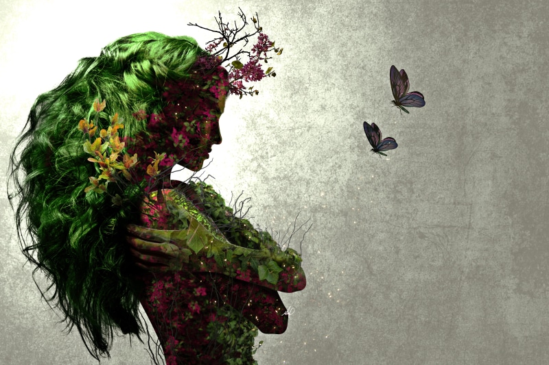 artwork, women, butterflies, butterfly, flowers, nature, Gaia, 5K