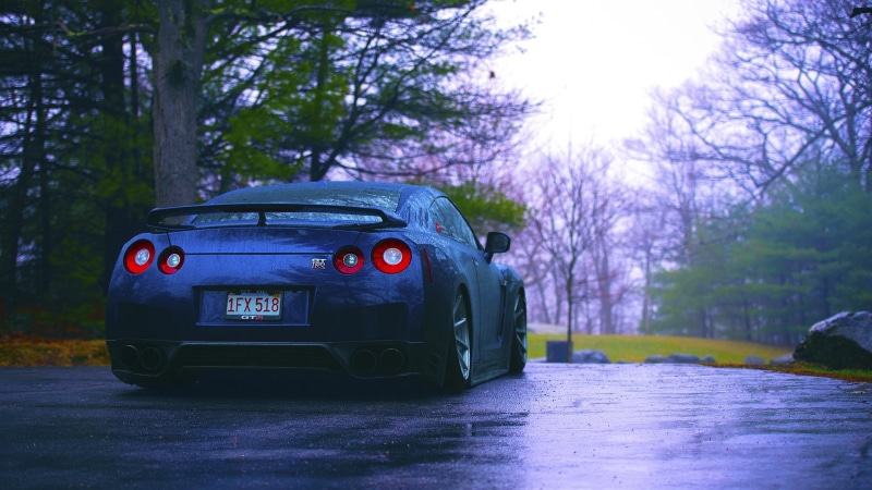 Trees, gtr, r, Blue, View, 1080P, Rain, Nissan, Car, Rear