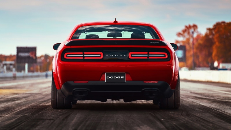 Dodge Challenger, no people, architecture, motion, mode of transportation, city, travel, tree, 1080P, red cars, rear view, day, transportation, focus on foreground