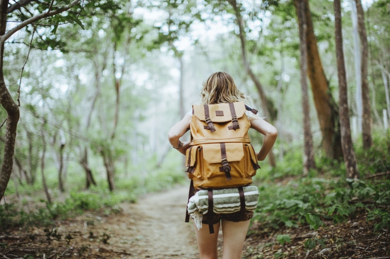 nature, casual clothing, three quarter length, land, woodland, adult, women, holding, 1080P, young adult, outdoors, one person, trees, path, hiking, leisure activity