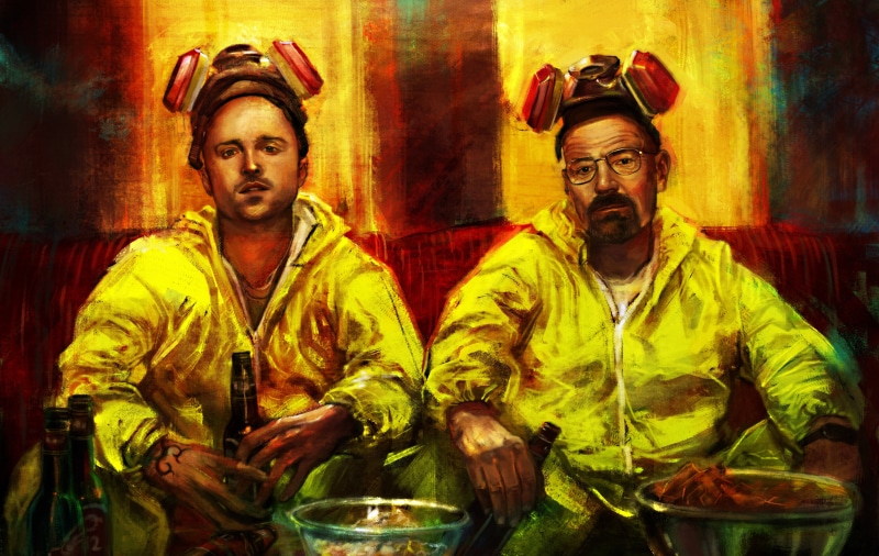 women, sitting, males, holi, painting, people, Aaron Paul, Mr. White, waist up, two people, sofa, color Image, two, front view, Breaking Bad, Walter White
