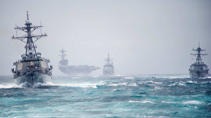 travel, nautical vessel, water, sky, waterfront, no people, navy, mode of transportation, outdoors, architecture, 2K, cold temperature, motion, aircraft carrier